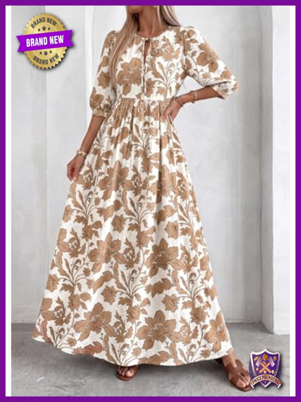 Women's Boho Floral Maxi Dress 3/4 Sleeve Drawstring Tie Neck Elastic Waist - Picture 2 of 6